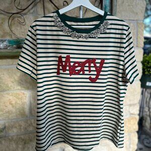Green and Cream Striped S/S Christmas Merry Tee Embellished Neckline L